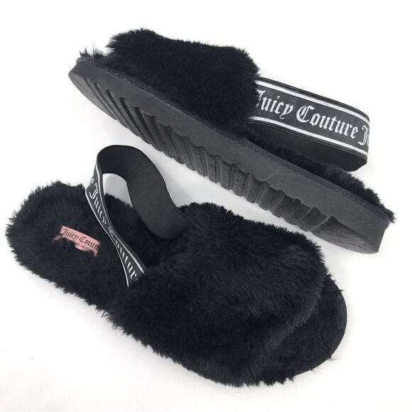 Juicy Couture Black Fuzzy Faux Fur Peep Toe Signature Slippers - Picture 1 of 10